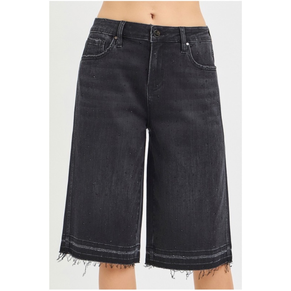 XL Risen Black Denim Jean Shorts - High Waist Longline Cut